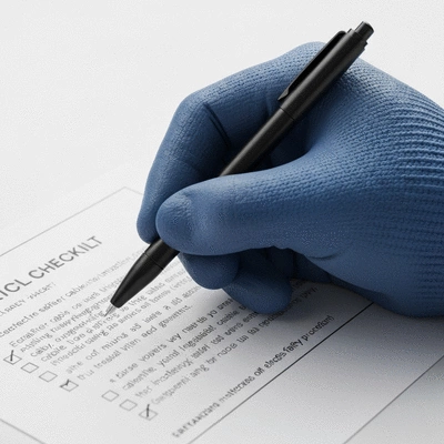 Close-up of a hand checking off items on an electrical safety checklist