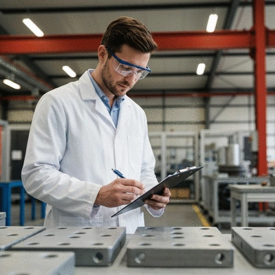 Ingénieur inspectant des platines de fixation selon les normes ISO
