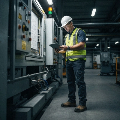 Engineer reviewing electrical diagrams with a tablet