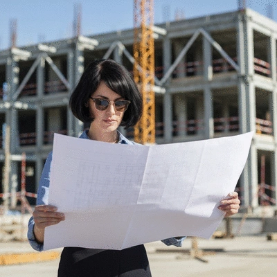 Architect reviewing blueprints on a construction site with modular supports visible