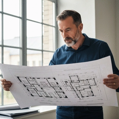Architect reviewing blueprints for an old building renovation, with modern electrical diagrams overlaid, no text, no words, no typography, clean image
