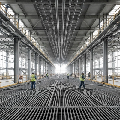 Industrial construction site with support structures and workers