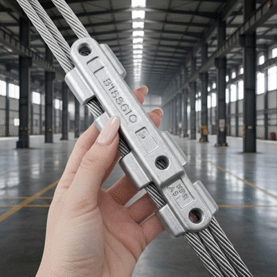 Close-up of a hand inspecting a durable cable support made from advanced alloy, emphasizing quality and longevity