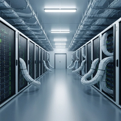 Modern data center showing organized cable support systems