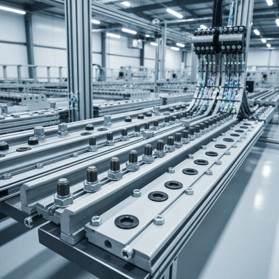 Industrial cable management system with various fasteners and components, clean and modern factory environment