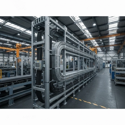 Detailed shot of ATEX compliant cable management system in a factory setting, highlighting safety and durability.