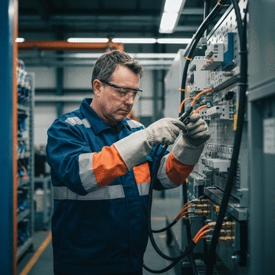 Industrial worker inspecting electrical cables in an ATEX zone