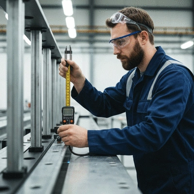 Ing&eacute;nieur v&eacute;rifiant la pr&eacute;cision de l'installation d'un syst&egrave;me de supportage modulaire dans un site industriel avec des outils de mesure, no text, no words, no typography, clean image