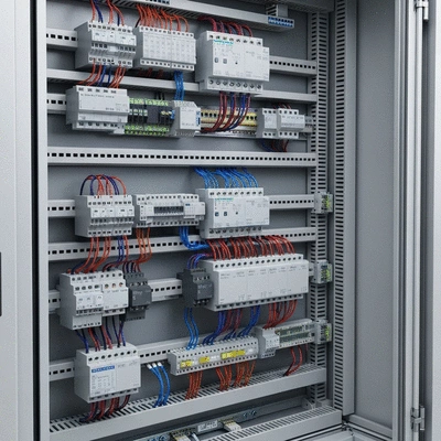 Gros plan sur des rails DIN avec des composants &eacute;lectriques mont&eacute;s, dans un tableau &eacute;lectrique organis&eacute;