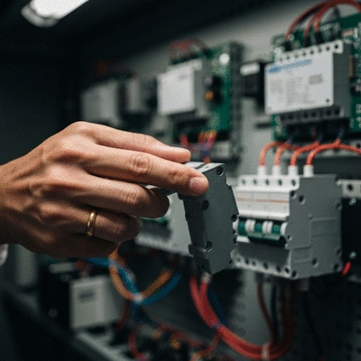 Gros plan sur une main tenant un manuel de normes électriques ouvert sur un fond flou d'équipements électriques, symbolisant l'apprentissage continu.