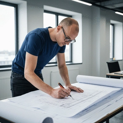 Un ing&eacute;nieur examinant les plans d'un syst&egrave;me de rails &eacute;lectriques avec des outils, dans un bureau d'&eacute;tudes moderne