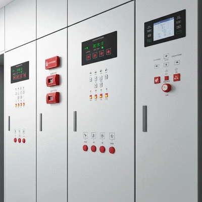 Modern fire detection system panel in a commercial building, with indicators and buttons, illustrating safety and compliance with fire prevention standards, no text, no words, no typography, 8K