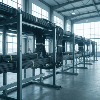 Industrial electrical cables neatly arranged on supports in a factory setting, with visible safety standards markings