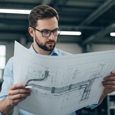 Engineer reviewing blueprints for industrial electrical systems