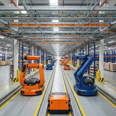 Automated warehouse robots moving along pathways with neatly organized cables