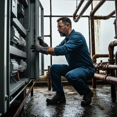 Electrician inspecting electrical panel in a damp environment, focusing on safety and corrosion prevention