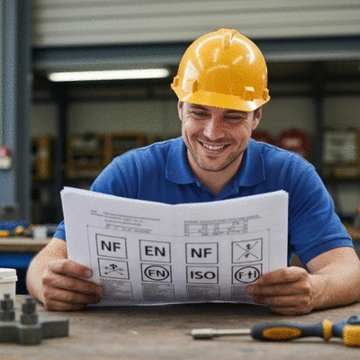 Gros plan sur un ingénieur examinant un plan technique avec des symboles de normes NF, EN, ISO, sur une table de travail industrielle, ambiance professionnelle, lumière naturelle, no text, no words, no typography, 8K