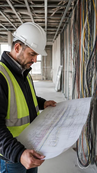 Ingénieur examinant des plans techniques de câblage sur un chantier de construction