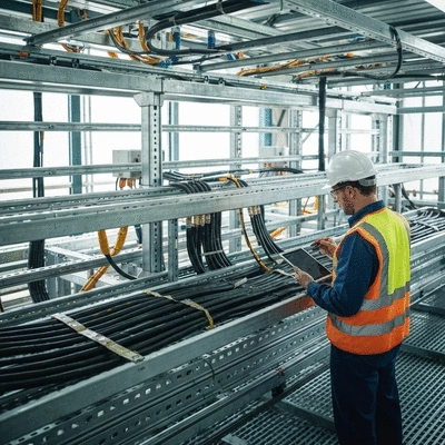 Engineer inspecting an electrical cable tray installation