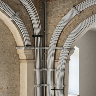 Close-up of a modern electrical cable management system installed in a renovated old building, clean aesthetic, no text, no words, no typography, clean image