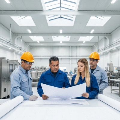 Industrial professionals collaborating on a project, reviewing blueprints