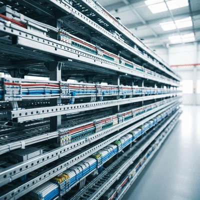 Industrial cable tray installation with various cables