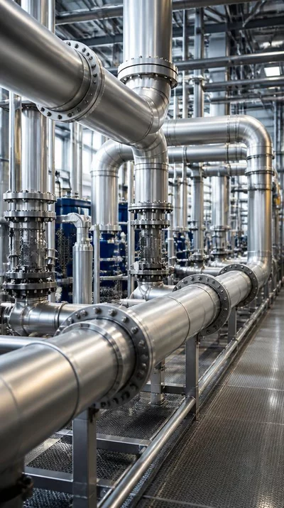 Industrial pipelines in a modern facility, representing EN 13480