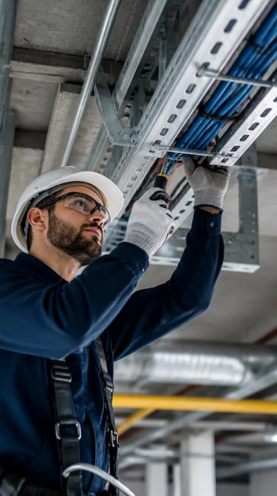Professional installing cable trays in a modern industrial setting