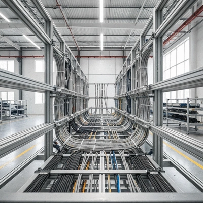 Industrial cable management system with various cables organized and secured