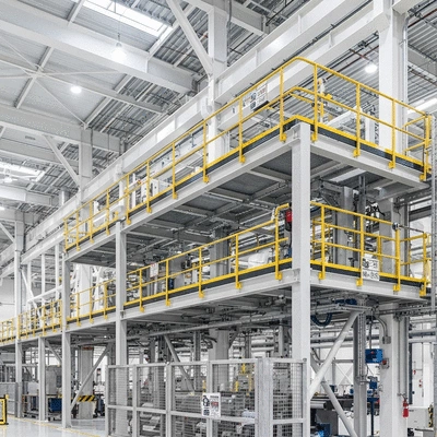 Industrial support structures with safety regulations overlay, clean image, no text, no words