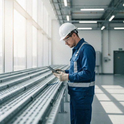 Industrial technician inspecting cable trays with a tablet