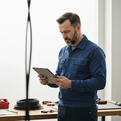 Technician reviewing a cable suspension installation checklist on a tablet