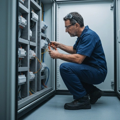 Électricien professionnel inspectant un tableau électrique avec des schémas, symbolisant la conformité aux normes NF C 15-100