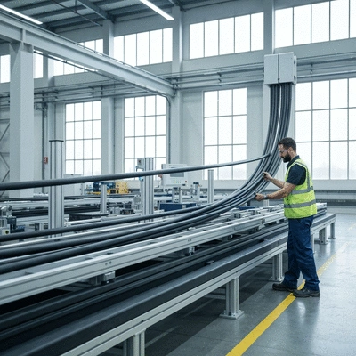 Industrial worker installing modern cable supports in a factory setting