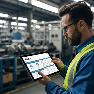 Engineer reviewing ATEX safety standards on a digital tablet