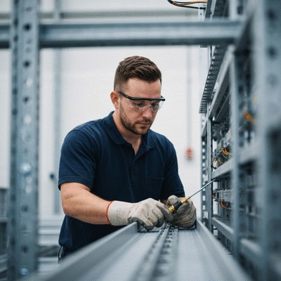 Electrician working on cable tray grounding with safety equipment