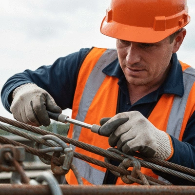 Close up of a worker inspecting industrial cable supports