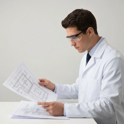 Engineer reviewing blueprints for hospital electrical systems, highlighting safety and compliance, no text, no words, no typography, clean image