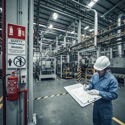 Industrial manufacturing facility with safety signs and a worker checking compliance documents