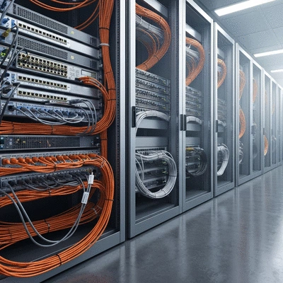 Industrial cables neatly organized in a server room, symbolizing ISO standards and durability