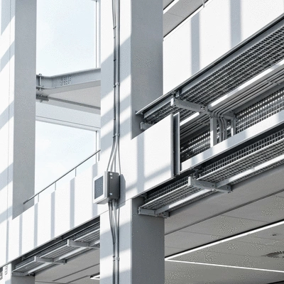 Modern smart building interior with visible cable trays and support systems