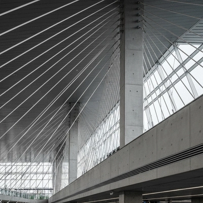Modern transportation hub with complex cable support systems