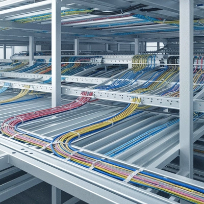 Industrial cable tray support system with various cables, clean image