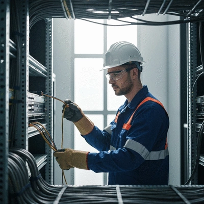 Professional inspecting electrical cables in a server room for fire safety compliance