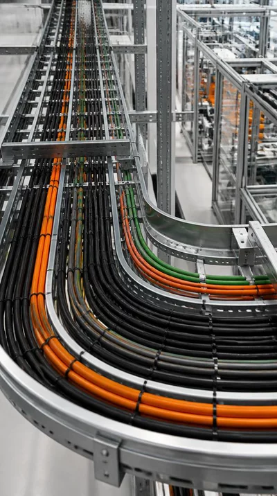 Industrial cable tray system with many cables and wires