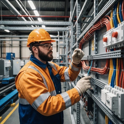 Industrial worker checking fire safety compliance on electrical wiring in a factory