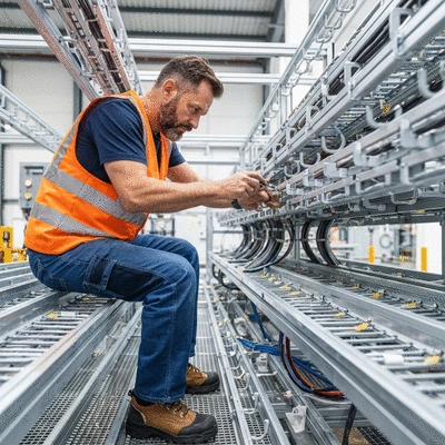 Industrial worker inspecting cable trays and hangers for compliance