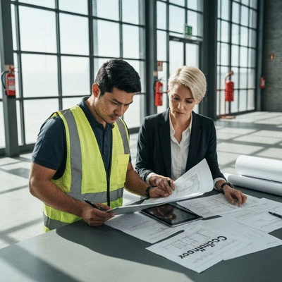 Engineers reviewing compliance documents and blueprints in a modern industrial setting, with safety equipment visible