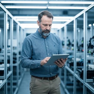 Engineer reviewing a data chart showing ROI and performance metrics for cable management, no text, no words, no typography